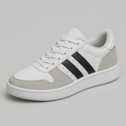 Trendy White & Grey Sneakers with Black Stripes – Unisex Casual Shoes