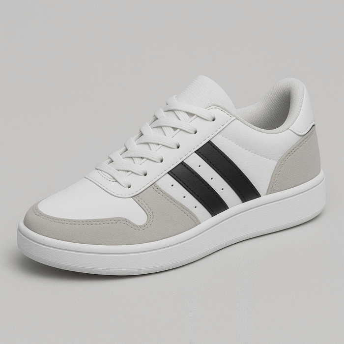 Trendy White & Grey Sneakers with Black Stripes – Unisex Casual Shoes