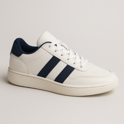 Premium White Sneakers with Navy Blue Accents – Unisex Casual Shoes