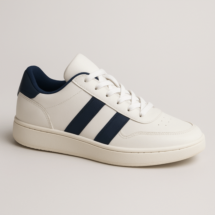 Premium White Sneakers with Navy Blue Accents – Unisex Casual Shoes